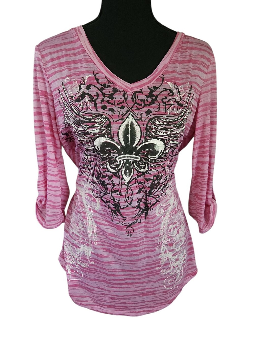 Y2k 2010s Ever Blue Burnout Wing Graphic Fleur Pink Zebra Print Top Sz L